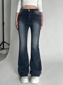 DAZY Quần Jeans Ống Loe Ôm, Có Túi Cài Nút Phía Trước, Giặt Sạch, Kiểu Dáng Cũ Cho Nữ - Rửa tối - Xem 4