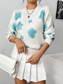 Chiquease Pull casual à manches longues, col rond et épaules tombantes avec motif floral, pour femme, automne/hiver