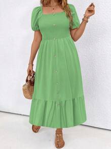 SHEIN LUNE Plus Size Women Summer Solid Color Square Neck Short Puff Sleeve Button Decor Ruffle Hem Casual Dress - Green - View 5