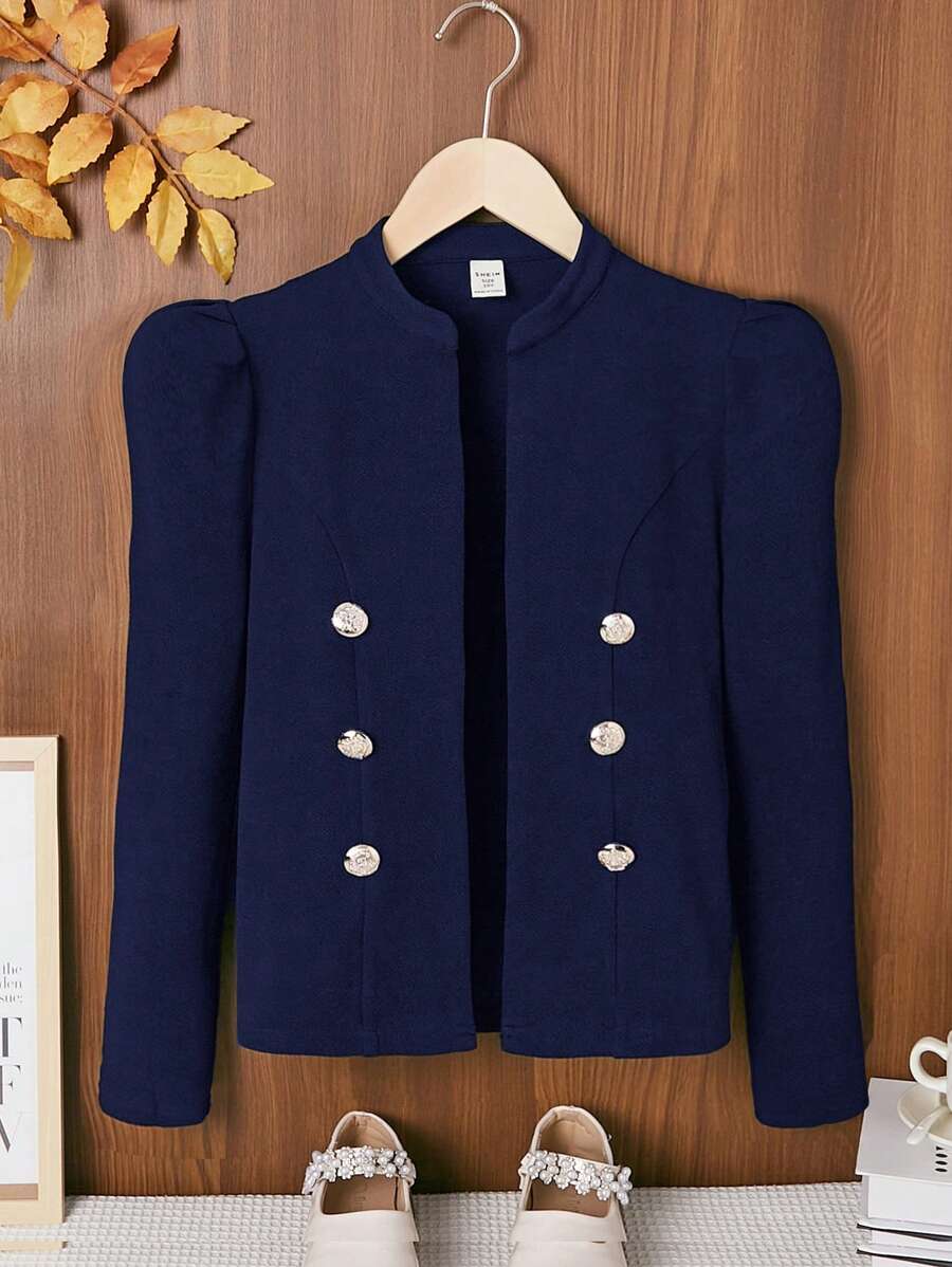 SHEIN Tween Girl Open Front Elegant Bishop Sleeve Jacket,In Fall/Winter - Navy Blue - View 1