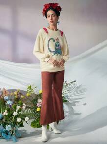 VALERIA GALIPOLI Frida Kahlo X SHEIN X Designer Print Totem Monkey Design Round Neck Backside Bow Tie Drop Shoulder Loose Sweatshirt, Holiday, Thanksgiving, Winter, Spring, Festival - Apricot - View 7