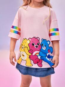 SHEIN X Care Bears Camiseta de manga corta holgada con estampado degradado de oso de dibujos animados y arcoíris, diseño joven y casual para niña, ideal para verano, vacaciones, Año Nuevo, Acción de Gracias
