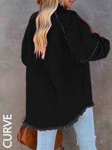 女士加大码黑色磨边单排扣休闲宽松长袖夹克，秋冬牛仔夹克 - 黑色 - 查看 5