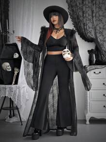 Flirla Bộ 2 món Halloween cỡ lớn có lưới nhung lông thú cổ cánh dơi áo khoác dài thêm & quần ống loe - màu đen - Xem 5