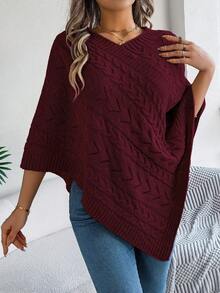 Autumn/Winter Handmade Hollow Out Cable Knit V-Neck Poncho Sweater,Sleeveless Tops - Burgundy - View 6