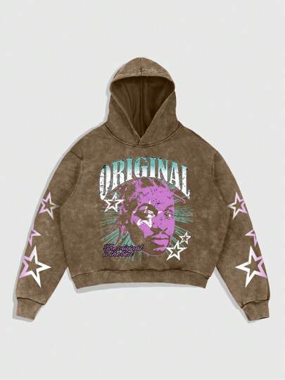 Street Life Sweat-shirt à capuche en polaire avec imprimé lettres et personnages, style casual pour hommes