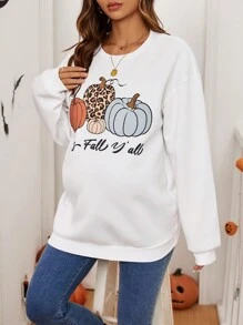 SHEIN Maternity Casual Pumpkin Print Round Neck Drop Shoulder T-Shirt, Spring Autumn Fall Top, Women Fall Clothes - White - View 5
