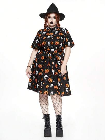 Goth Robe trapèze à taille cintrée imprimé squelette et toile d'araignée, grande taille, pour femmes, pour Halloween