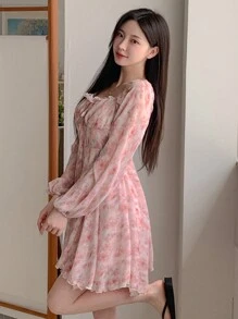 DAZY 1 件女士优雅花卉迷你连衣裙，双面设计，适合秋季 - 粉色 - 查看 6