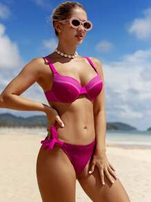 Swim Vcay Women's Solid Color Spaghetti Strap Bikini Top And Mesh Bottoms Bikini Set Summer - Hot Pink - View 3