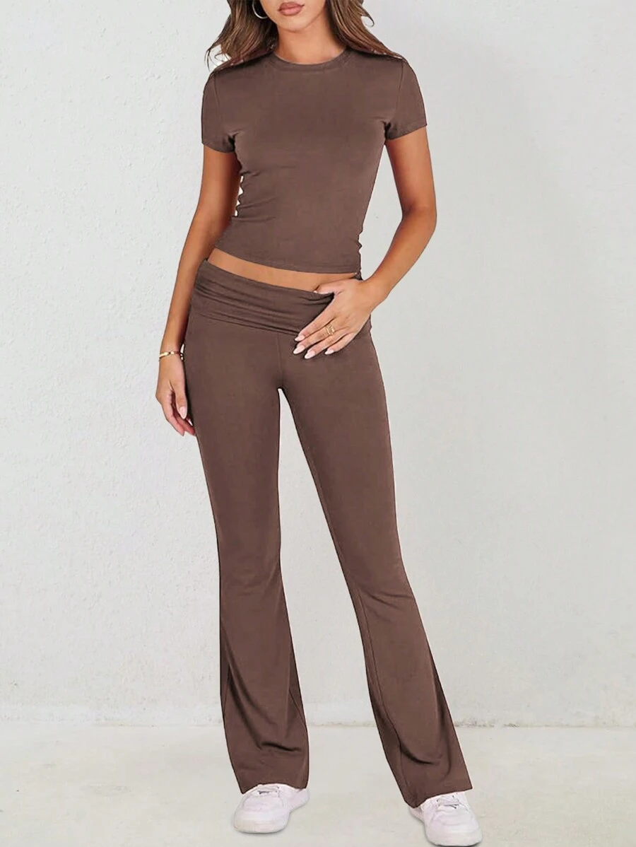 GAOVOT Women's Two Pieces Spring/Summer Home Casual Sports Gym Round Neck Short Sleeve T-Shirt Top And Straight Pant Suit - Coffee Brown - View 1