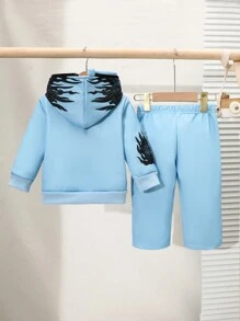 SHEIN 2pcs/Set Baby Boy Street Fashion Letter & Flame Print Hooded Jacket And Pants Outfit, Fall And Winter - Blue - View 2