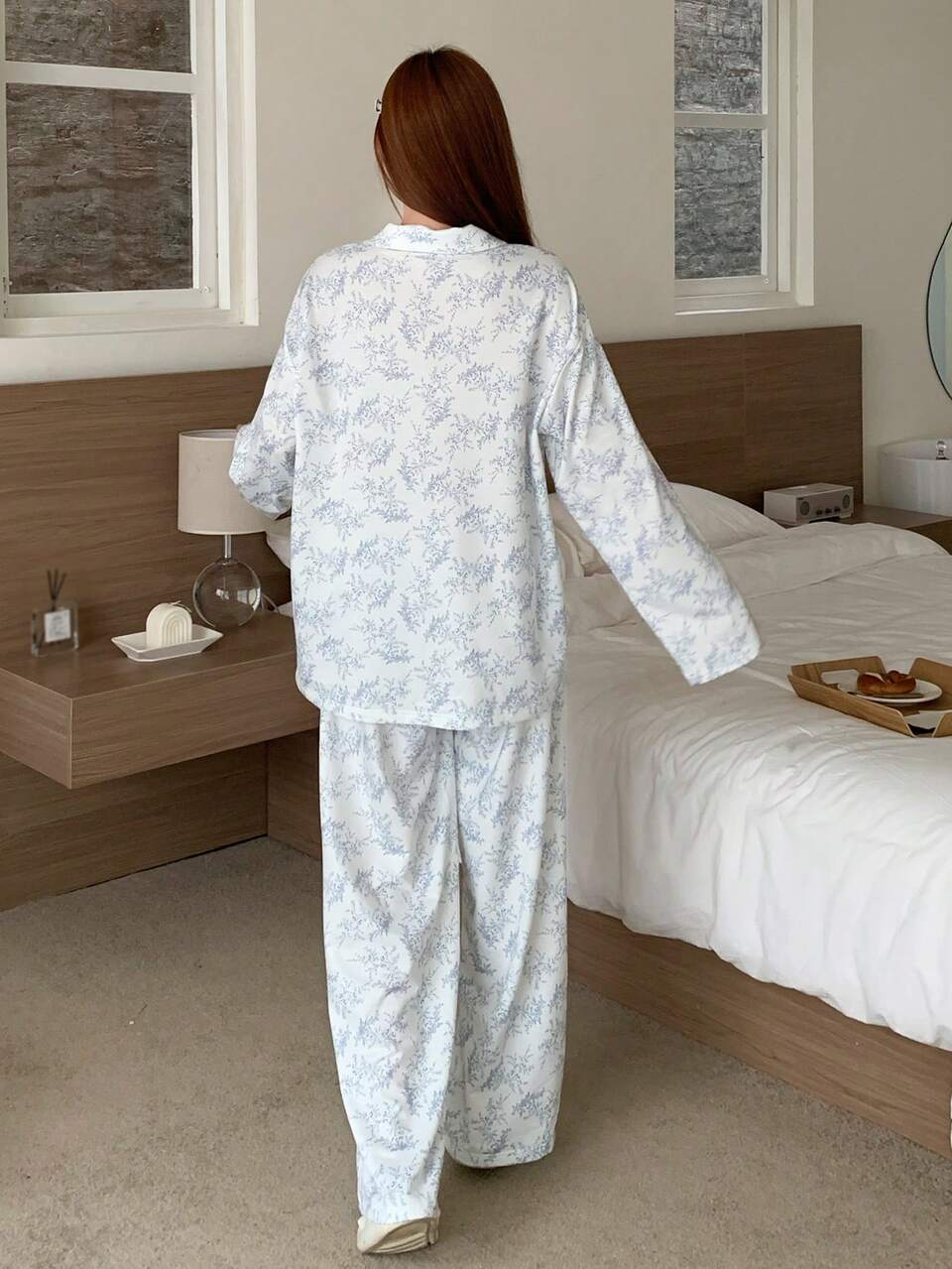 Floral Print Refreshing Pajama Set, Fall Winter Clothes