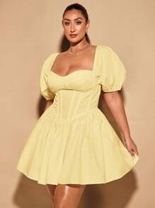 SHEIN BAE Vestido Curto com Detalhe de Babados nas Mangas e no Busto, Estilo Peplum, na Cor Amarela, para Mulheres Plus Size - Amarelo - Visão 5