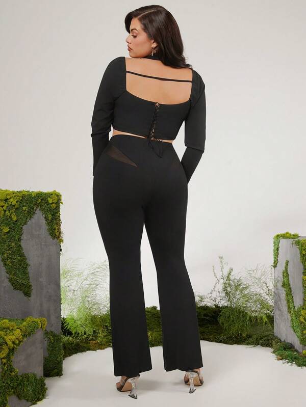 evoluSHEIN X Anitta The Perfect Party Designer Plus Size Women's Solid Color Long Sleeve Twist Sexy Cropped Tie-Front Top, Summer, Holiday, Thanksgiving, Going Out, Festival