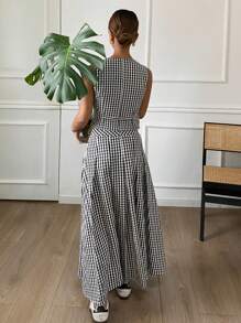 Livesso 2 件套女士春夏休闲格子背心和裙子套装，秋季服装 - 黑色 - 查看 2