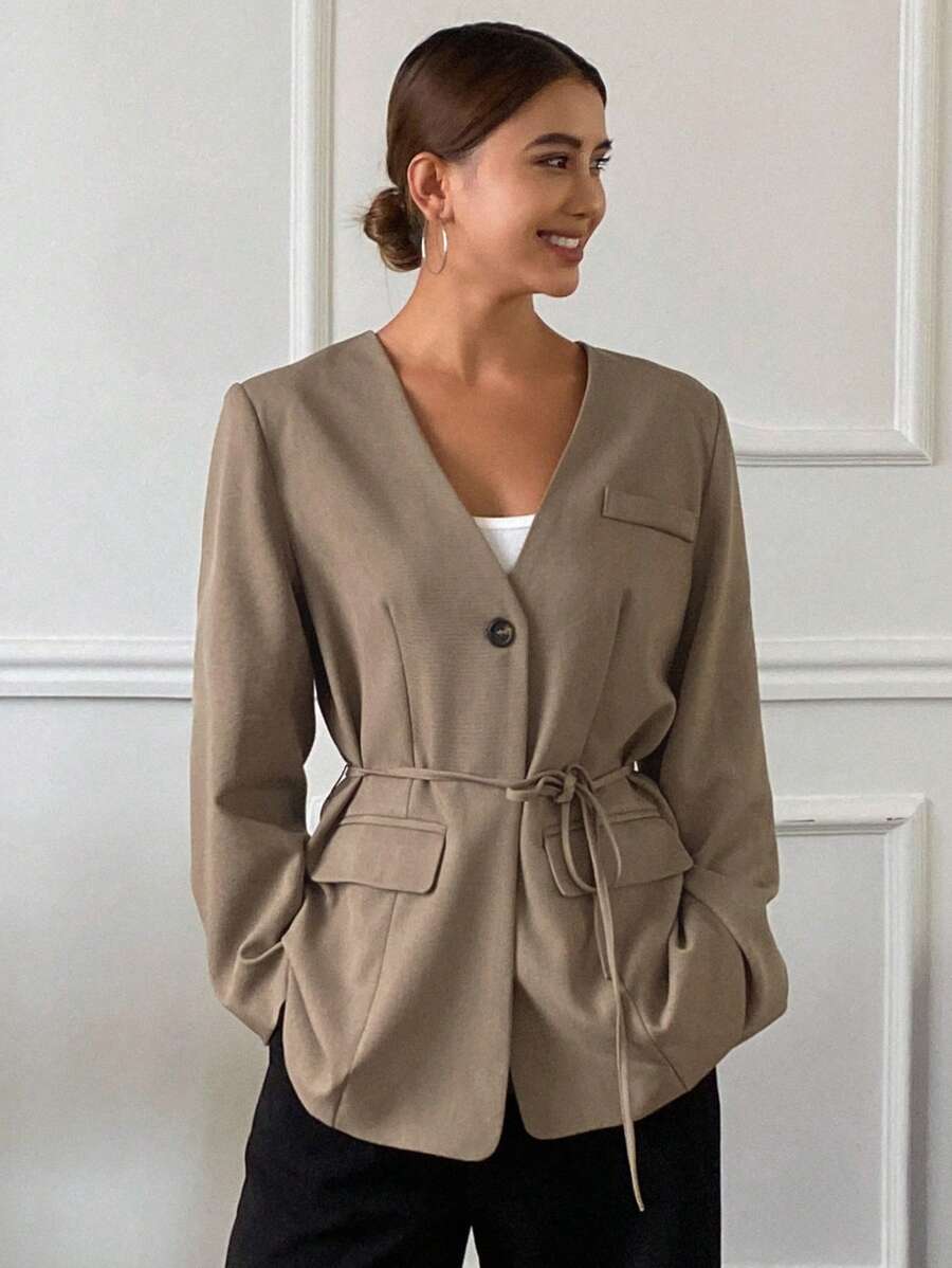 Livesso Women's Loose Pocket Lapel Long Sleeve Belted Blazer Jacket,Fall Women Clothes Business Attire - Coffee Brown - View 1