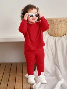 2 件套女婴可爱字母针织弹力上衣和宽松腰带裤子套装，秋冬季 - 紅色 - 查看 7