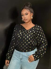 Slaydiva Plus Size Women's Black Casual Raglan Sleeve Short Sleeve Twist Metallic Shirt - Black - View 7
