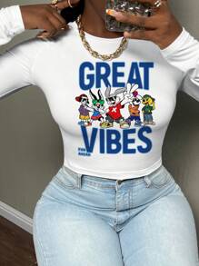 Slaydiva 休闲简约卡通兔子短款圆领长袖紧身女式T恤，适合春秋季节 - 白色 - 查看 1