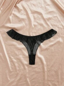 SHEIN Women Elastic Mesh Ruffled Thong Panty, Super Low Waist Lingerie - Black - View 2