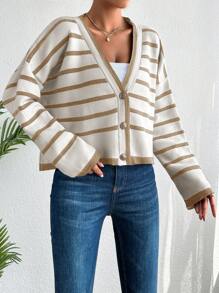EURMUSE Women Striped Drop Shoulder Long Sleeve Cropped Casual Cardigan, Autumn Winter Fall Clothes - Beige - View 5