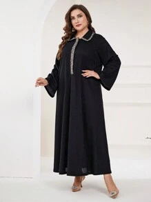 Modelyn Vestido casual de talla grande con parches y tela elástica - Negro - Ver 3