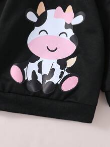 SHEIN Playful Pals 2 件装女婴可爱卡通奶牛印花运动衫和运动裤套装，秋季休闲装