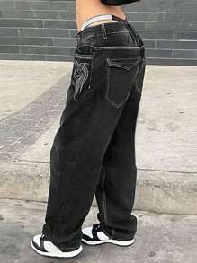 女士修身刺绣黑色直筒裤 休闲春季款 - 黑色 - 查看 1