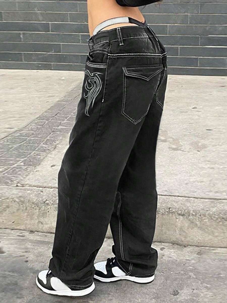 女士修身刺绣黑色直筒裤 休闲春季款 - 黑色 - 查看 1