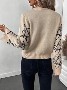 SHEIN LUNE 女士圆领喇叭袖碎花针织宽松优雅毛衣，秋冬针织套头衫 - 卡其色 - 查看 2