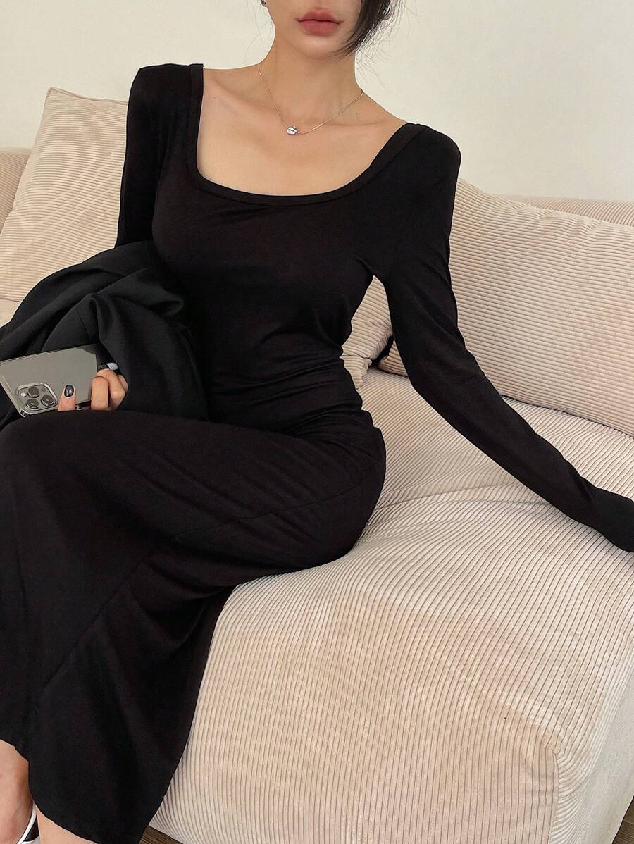 DAZY Vestido largo sencillo de cuello cuadrado negro para mujer en otoño - Negro - Ver 1