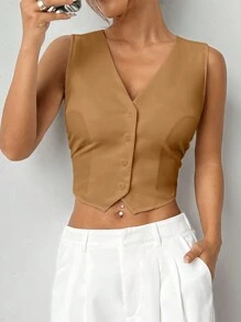 SHEIN EZwear 女士 V 领纽扣式无袖休闲平纹编织背心夹克（驼色） - 駝色 - 查看 2