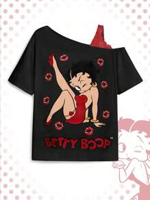 Betty Boop | ROMWE Camiseta casual de manga asimétrica con estampado de personaje de dibujos animados y letras, contraste de encaje, talla grande, verano, camiseta gráfica