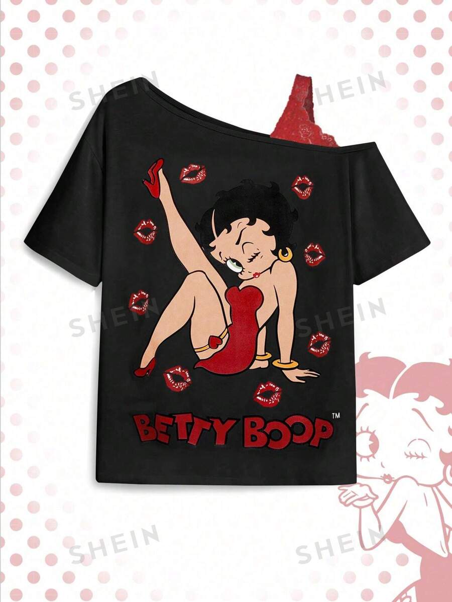 Betty Boop | ROMWE Camiseta casual de manga asimétrica con estampado de personaje de dibujos animados y letras, contraste de encaje, talla grande, verano, camiseta gráfica