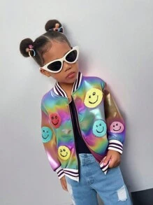 SHEIN Explorewe Kids Young Girl Casual Colorful 3D Towel Embroidered Smiling Face Baseball Jacket, Gradient Blue Bomber Jacket With Reflective Fabric, Winter Outwear - Purple - View 1