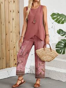 EMERY ROSE Damen Sommer Set mit asymmetrischem Saum Bluse und weiten Hose mit Blumendruck - Verschiedenfarbig - Übersicht 6