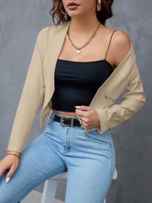 Firerie Áo khoác Blazer nữ tay dài, hở trước, màu trơn, ngắn, thường ngày, mặc hàng ngày vào mùa thu/đông - Lạc đà - Xem 3