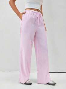 SHEIN Essnce Bộ 2 quần đùi sọc đỏ trắng mùa hè + quần ống rộng - Hồng - Xem 8