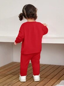 2 件套女婴可爱字母针织弹力上衣和宽松腰带裤子套装，秋冬季 - 紅色 - 查看 2