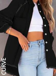 女士加大码黑色磨边单排扣休闲宽松长袖夹克，秋冬牛仔夹克 - 黑色 - 查看 7