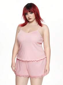 ROMWE Kawaii 大码针织罗纹蕾丝拼布吊带背心睡衣套装