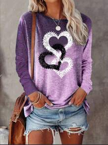 INAWLY 渐变爱心印花休闲圆领长袖T恤，春秋季女式印花T恤上衣 - 淡紫色 - 查看 3