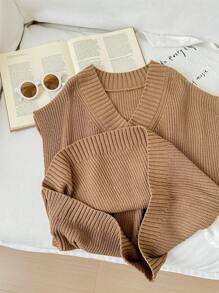 SHEIN Tween Girls Loose Fit Solid Color V-Neck Mid-Length Knit Sweater Vest,In Fall/Winter - Khaki - View 6