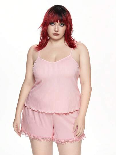 Kawaii Ensemble de pyjama avec camisole à patchwork en dentelle côtelée grande taille