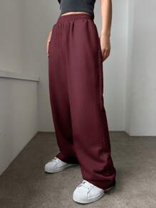 DAZY 女士时尚松紧腰休闲宽松纯色长裤，宽松裤 - 酒紅色 - 查看 2