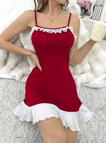 SHEIN 女士无袖荷叶边拼色睡裙，节日季 - 紅白色 - 查看 3