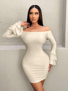 VaVaBold Women's Solid Color Off Shoulder Flare Sleeve Fitted Elegant Mini Dress, Spring And Summer
