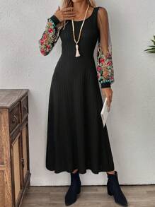 EMERY ROSE Rochie Midi Neagra De Dama Cu Broderie, Decolteu U Elegant, Maneci Lungi - Negru - Vizualizare 3
