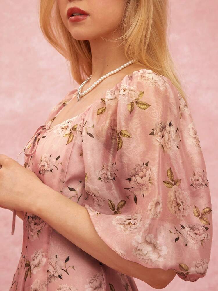 Women's Floral Print Front Tie Puff Sleeve Long Elegant Dress